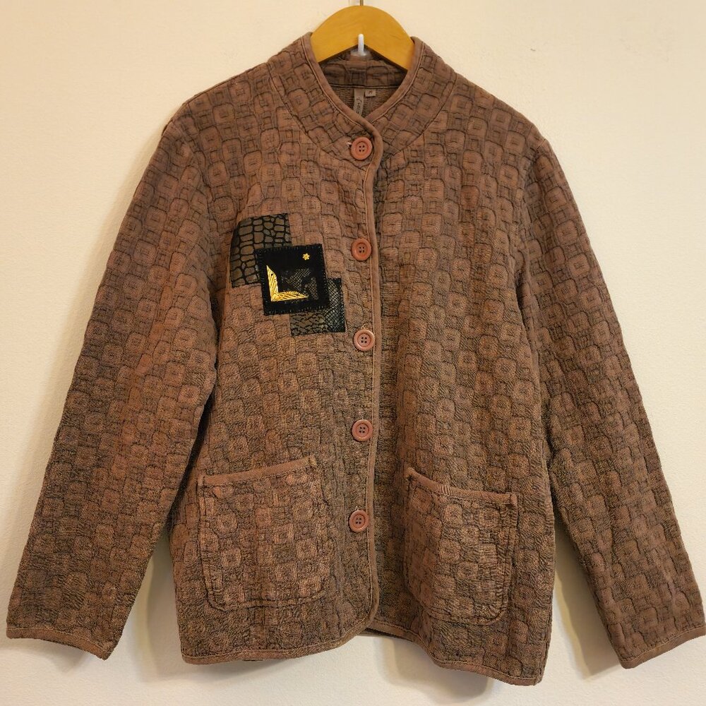 Focus TAN Button Jacket Square Print Lagenlook Brown Textured Pockets Women M